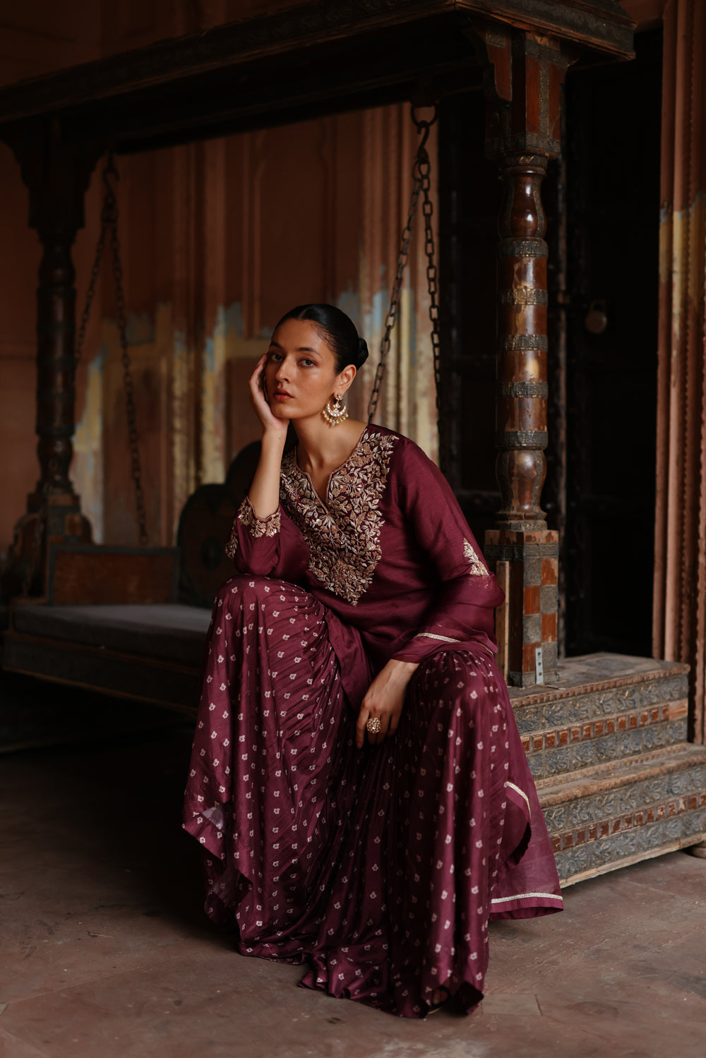 Wine Embroidered Sharara Set