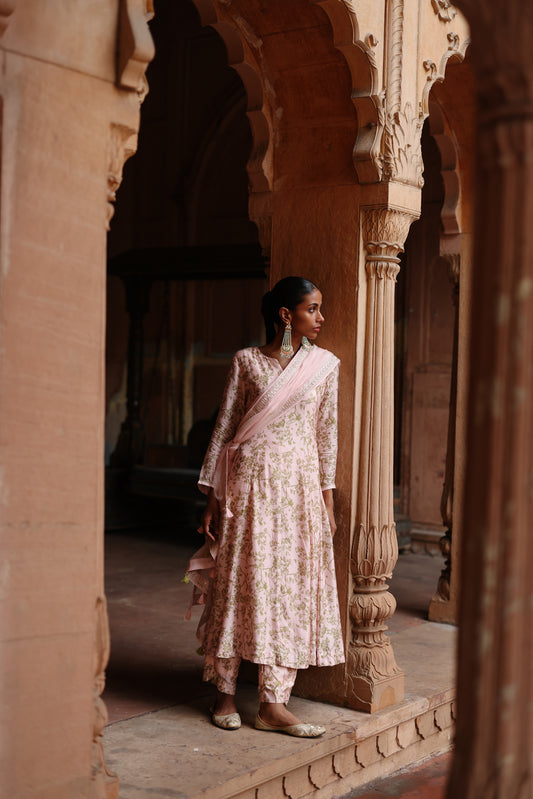 Pastel Pink Printed Anarkali Set