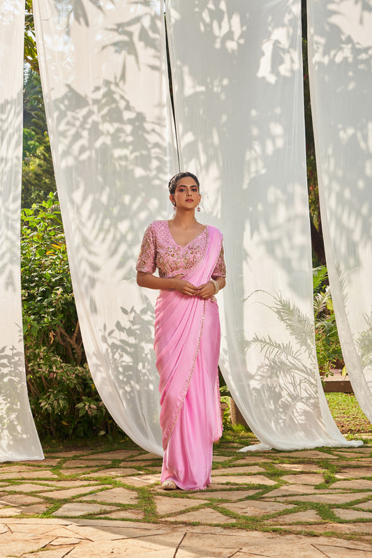 Embroidered Pre-Draped Saree With Blouse