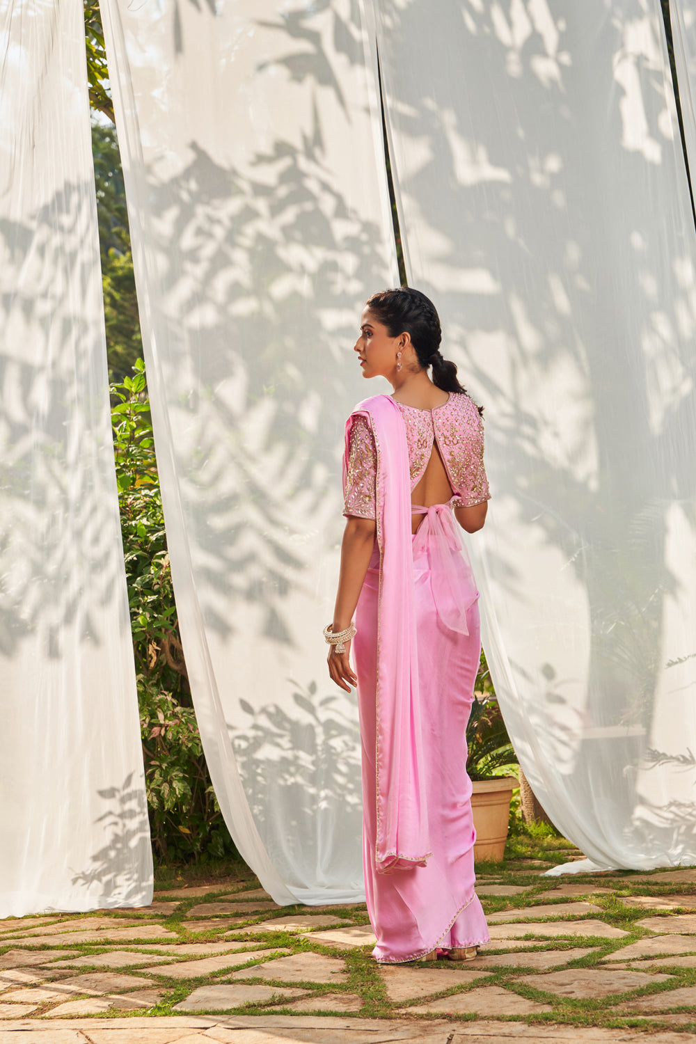 Embroidered Pre-Draped Saree With Blouse