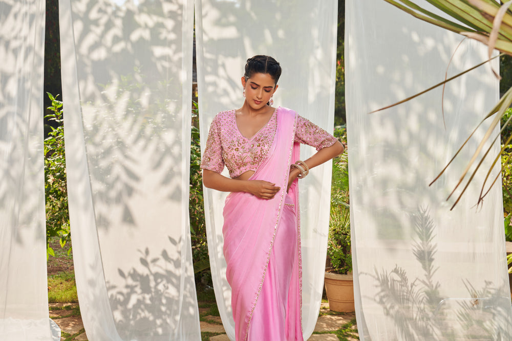 Embroidered Pre-Draped Saree With Blouse