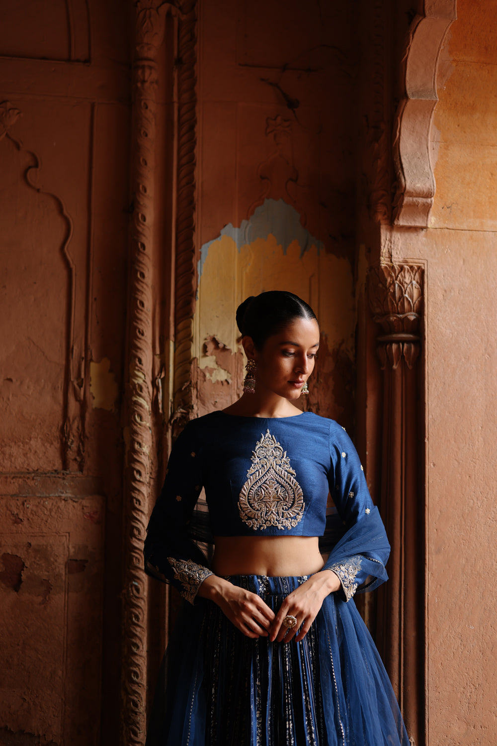 Blue Embroidered And Printed Lehenga Set