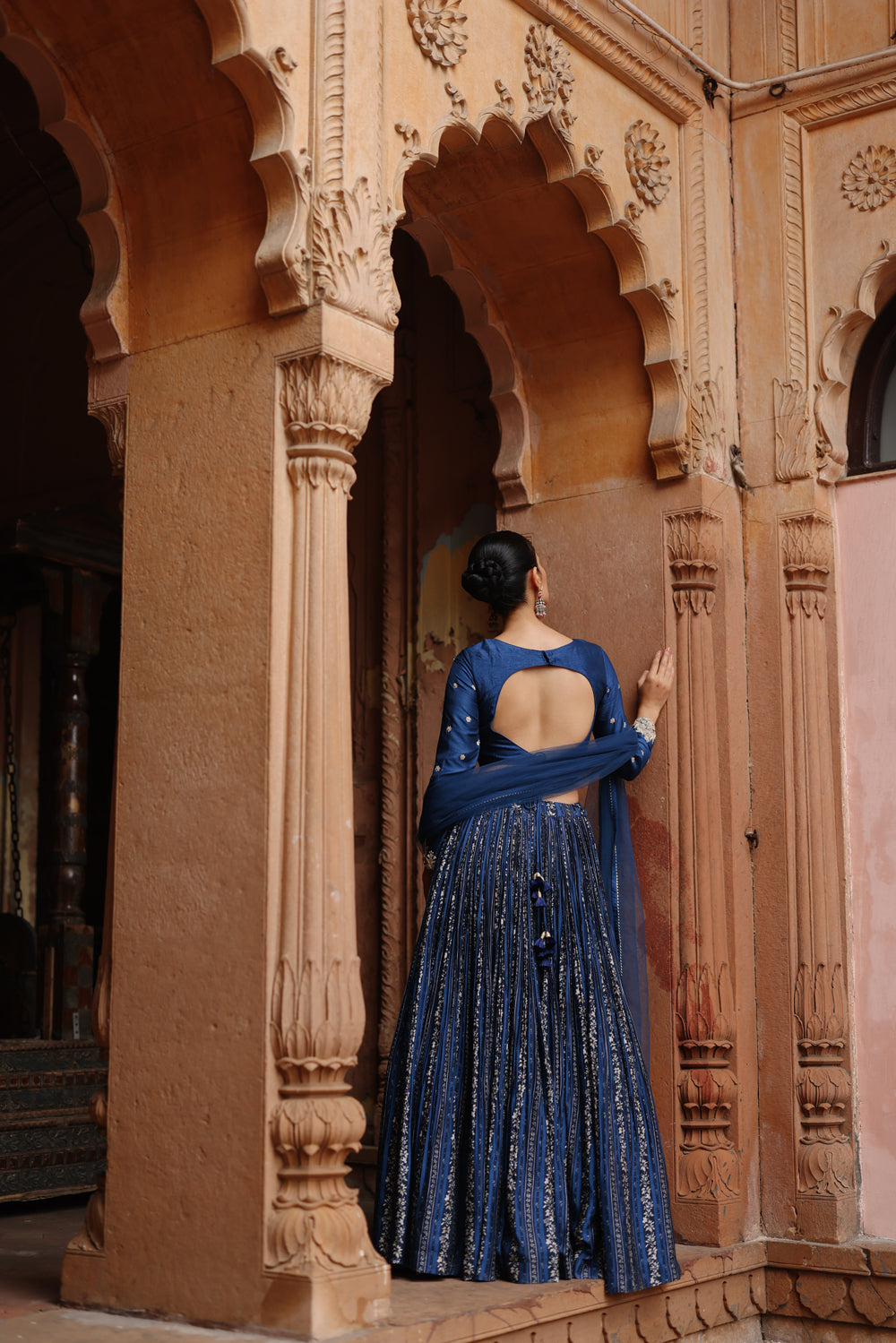 Blue Embroidered And Printed Lehenga Set