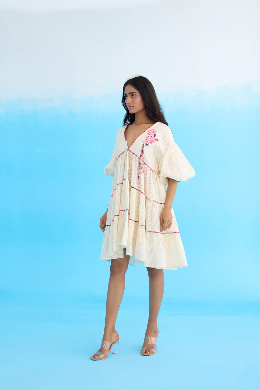 Cream Bubble Sleeves Tier Dress