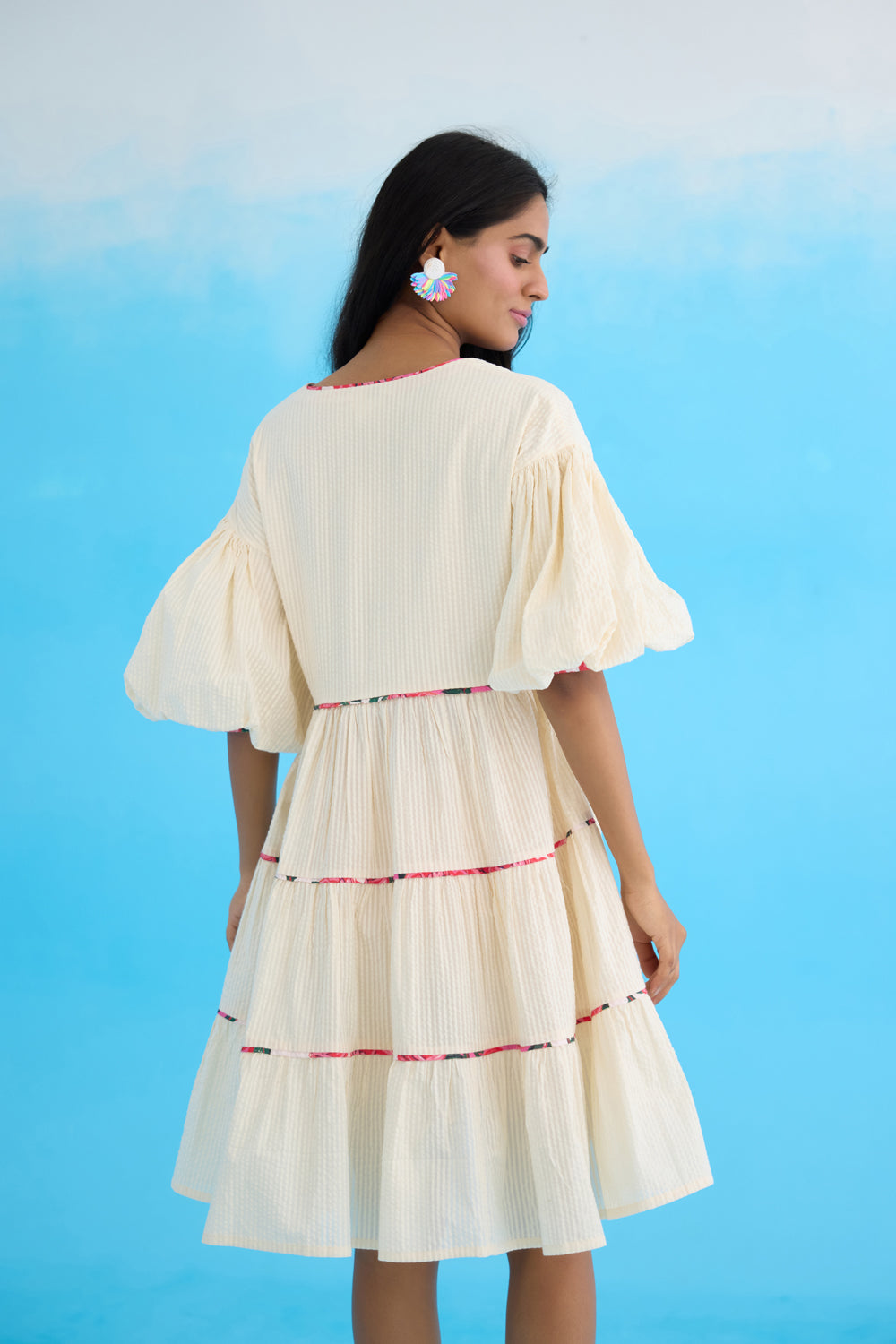 Cream Bubble Sleeves Tier Dress