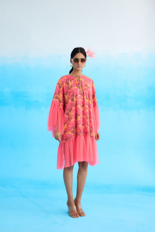 Mithai Pink Rose Printed Frill Dress