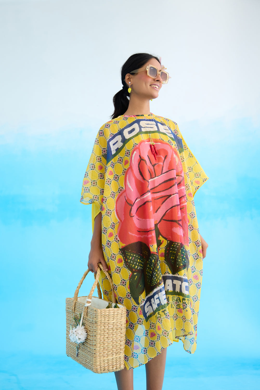 Yellow Big Rose Short Kaftan