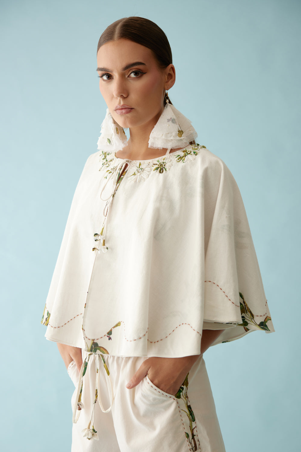 Cream Fabric Ribbon Embroidered Flower Reversible Cape