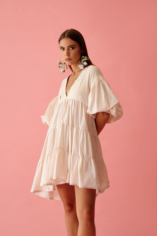 Cream Solid Bubble Sleeves Tier Dress