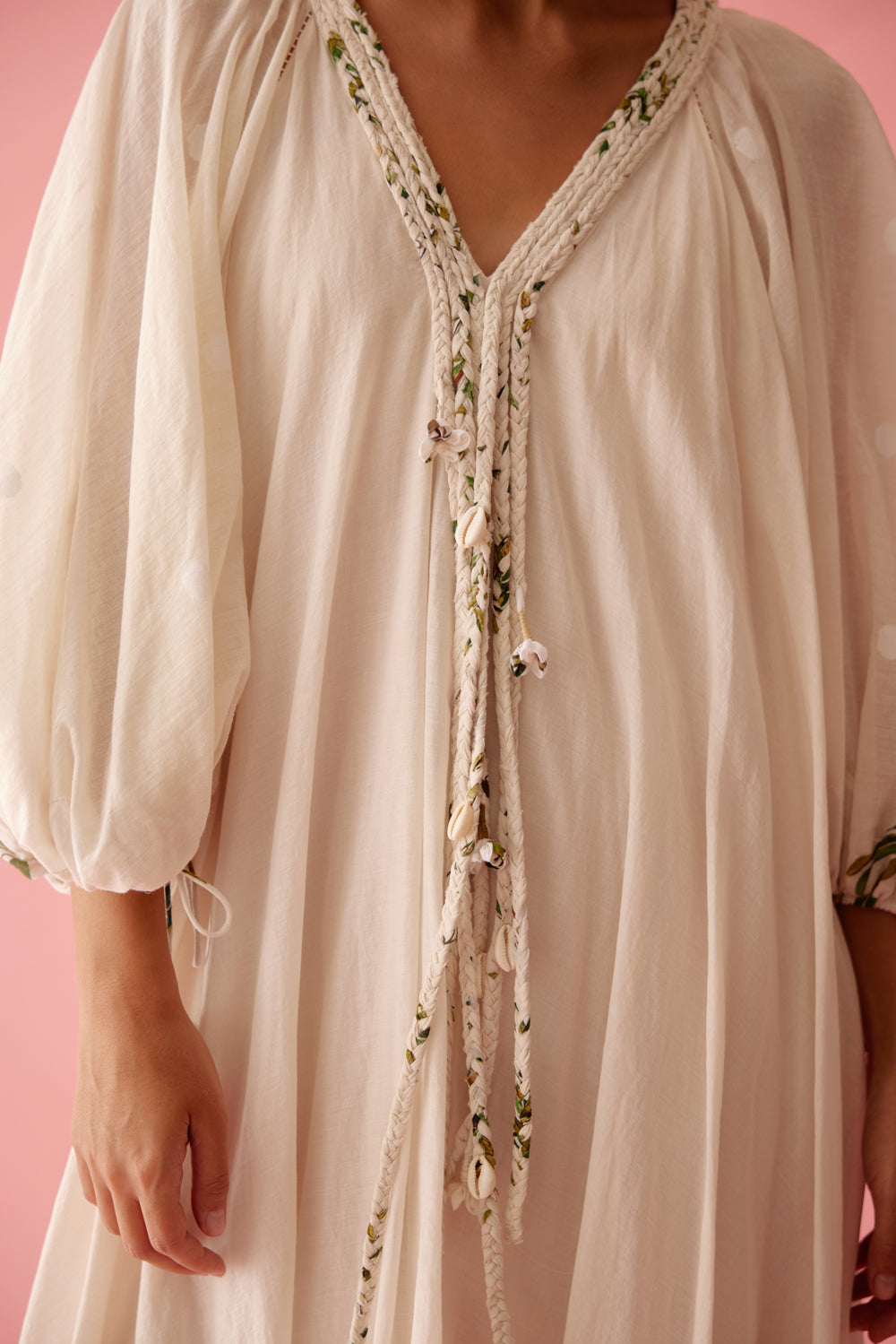 Cream Handwoven Jamdani Cotton Bubble Sleeves Maxi Dress