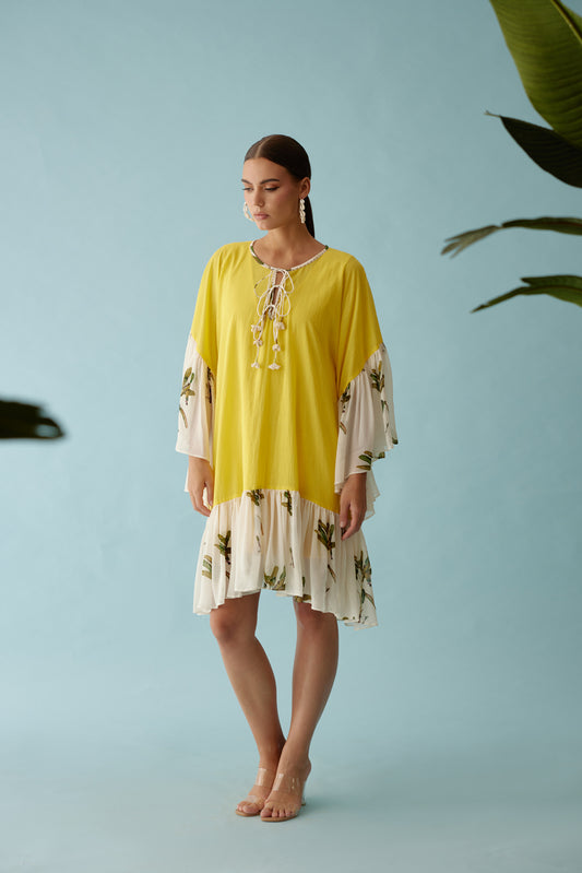 Yellow Banana Tree Print Frill Dress