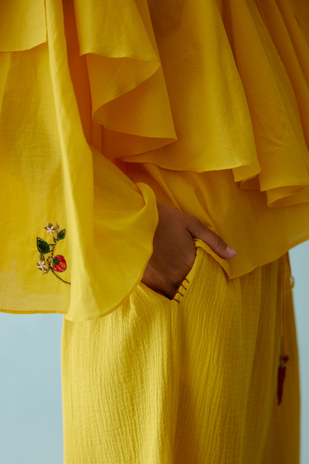 Yellow Hand Embroidered Chilli Applique Wide Leg Pants