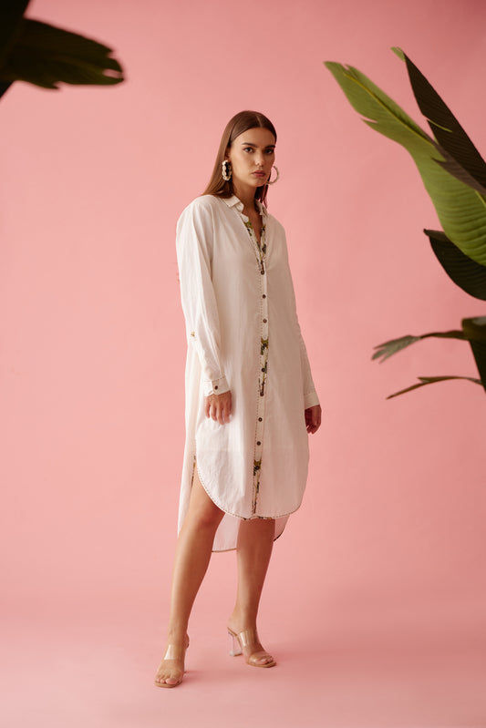 Cream Banana Tree Applique Hi-Low Shirt Dress