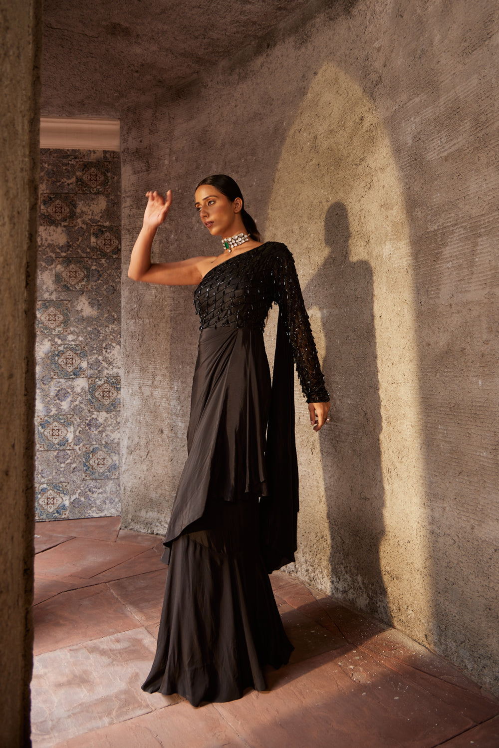 Black Organza Embroidery Cutdana Husna Utsav One Shoulder Gown For Women