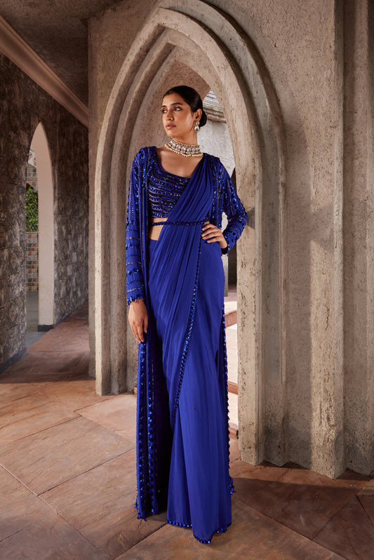 Blue Silk Embroidery Sequin Jalsa Border Pre-Draped Saree Set With For Women