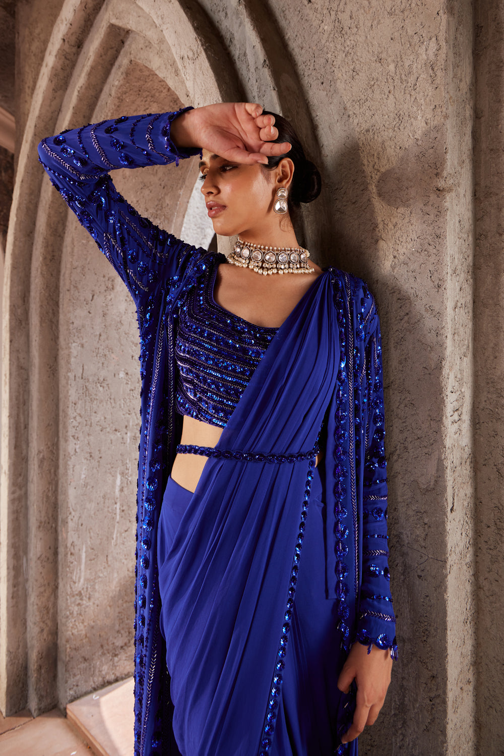 Blue Silk Embroidery Sequin Jalsa Border Pre-Draped Saree Set With For Women