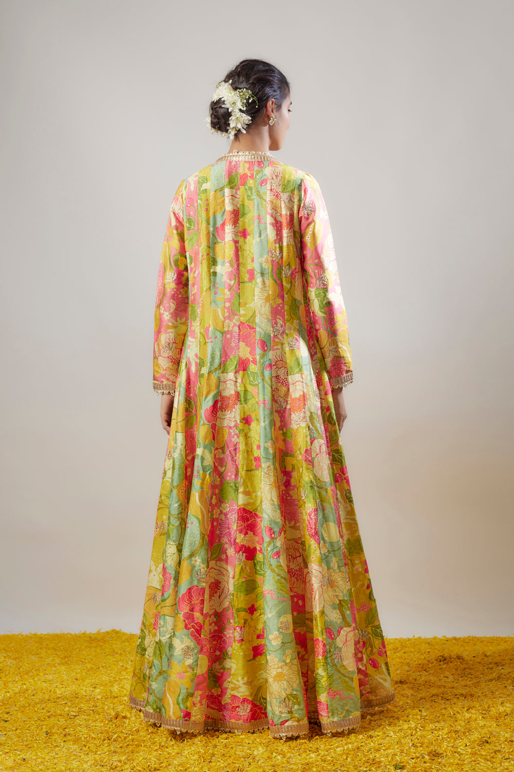 Yellow Tussar Floral Printed Long Cape Set