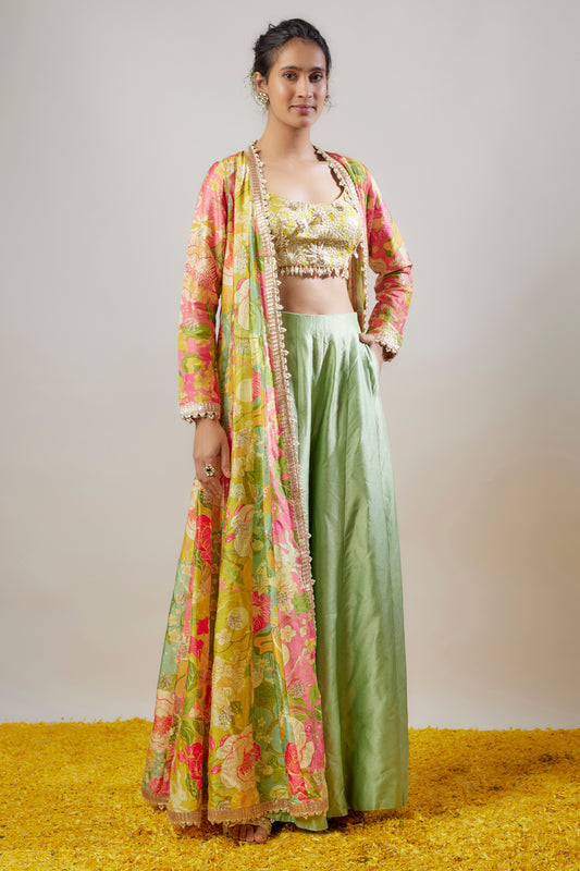 Yellow Tussar Floral Printed Long Cape Set