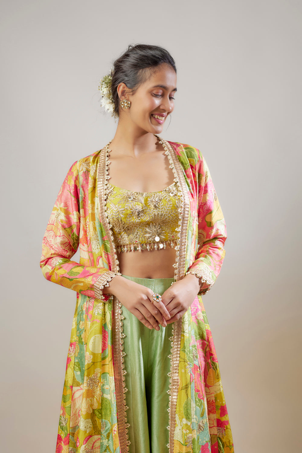 Yellow Tussar Floral Printed Long Cape Set