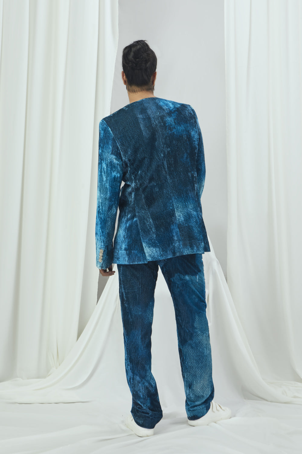 Jade Blue Velvet Printed Blazer