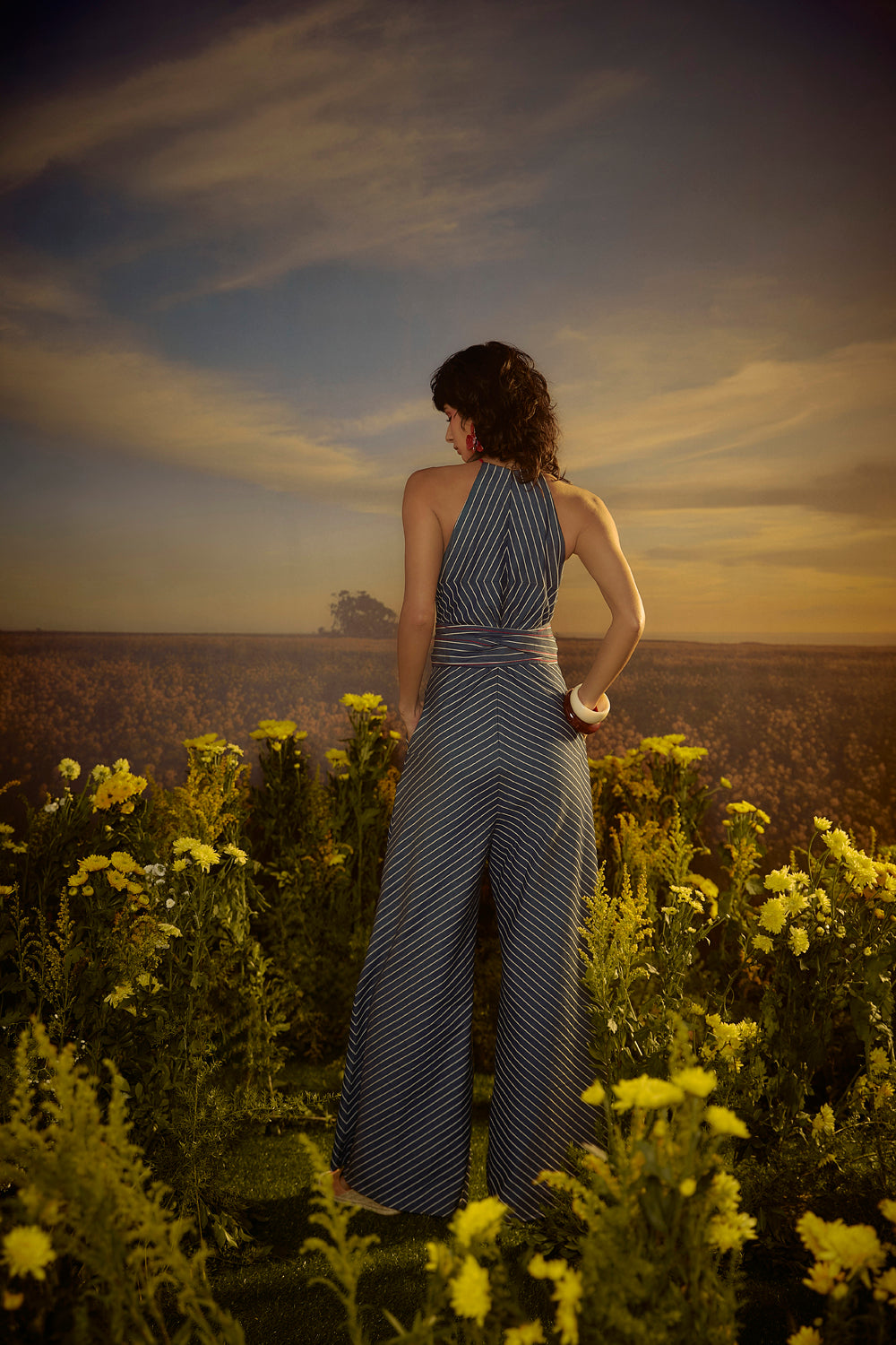 Denim Striped Jumpsuit With Belt