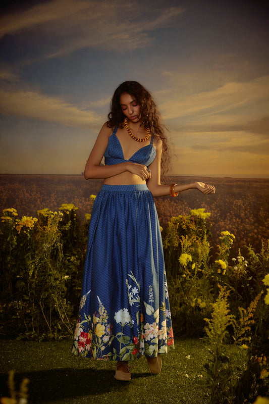 Denim Floral Printed Bralette & Skirt Set