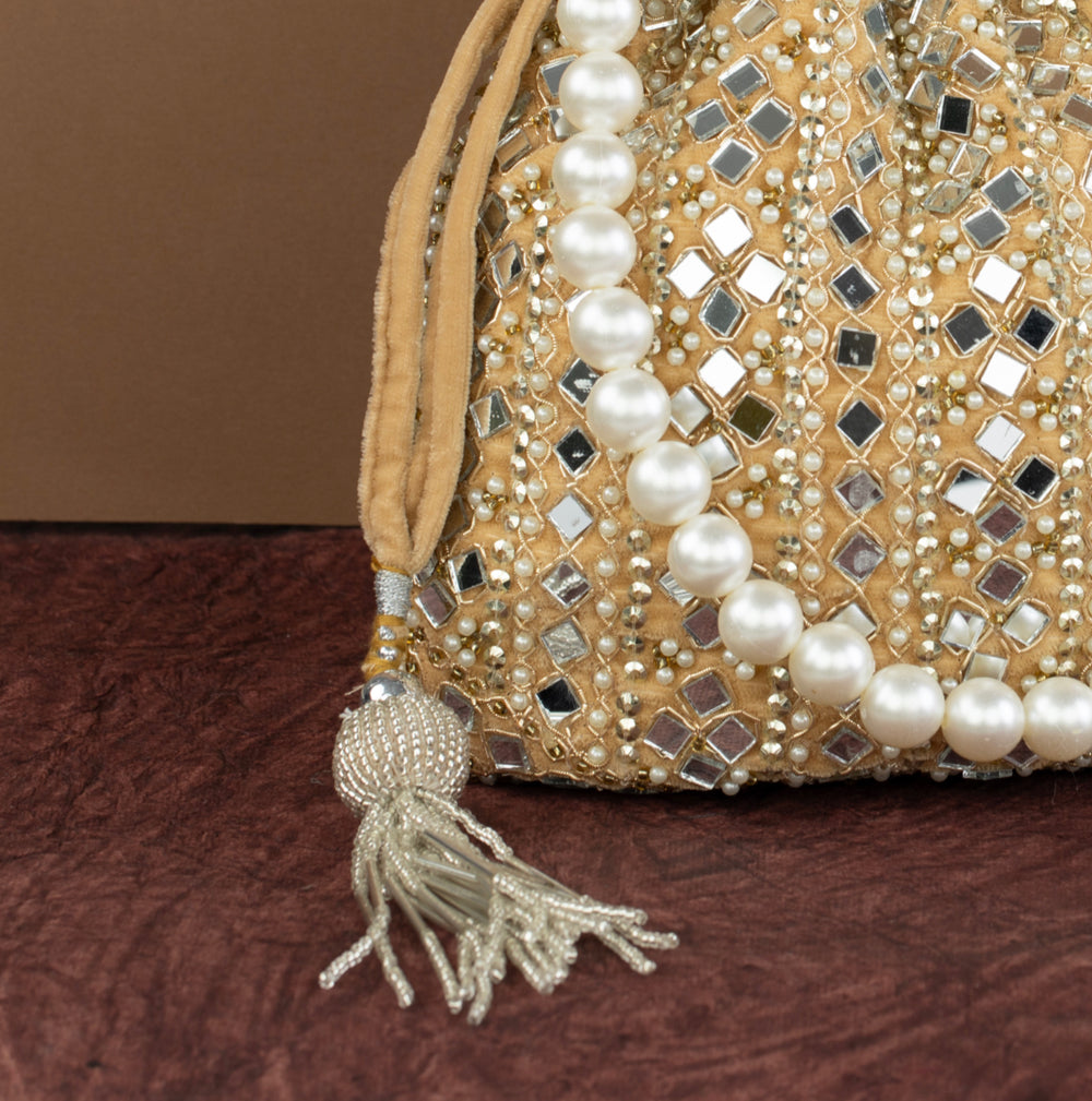 Gold Suede Mirror Embroidered Potli Bag