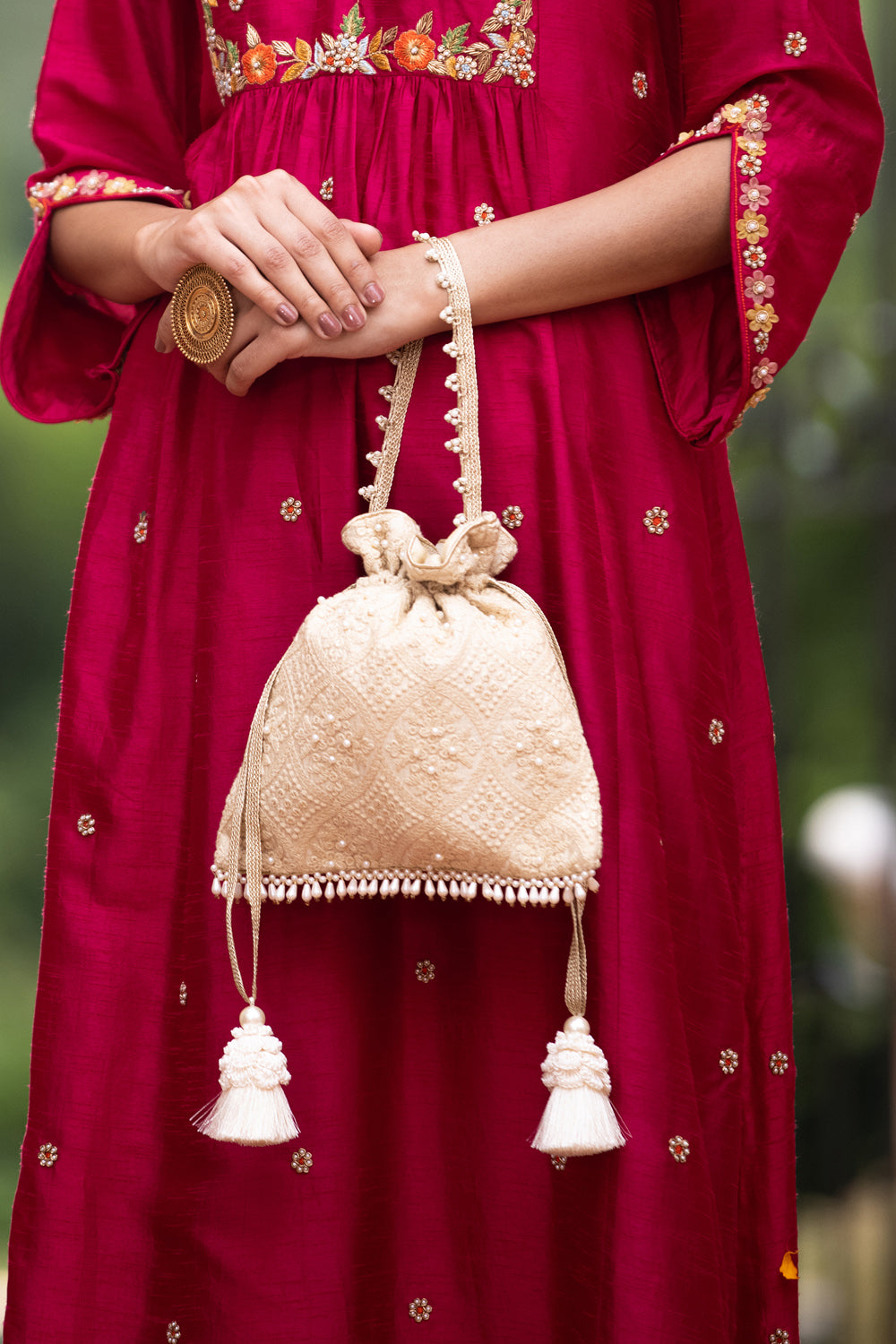 Oyster Beige Pearl Embroidered Silk Potli Bag