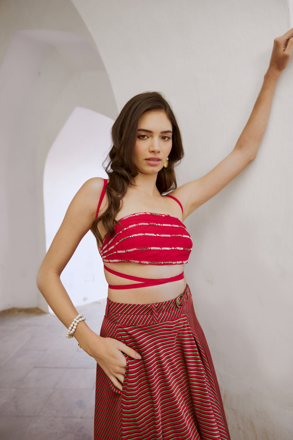 Bandeau String Top With Stripe Skirt & Belt Set