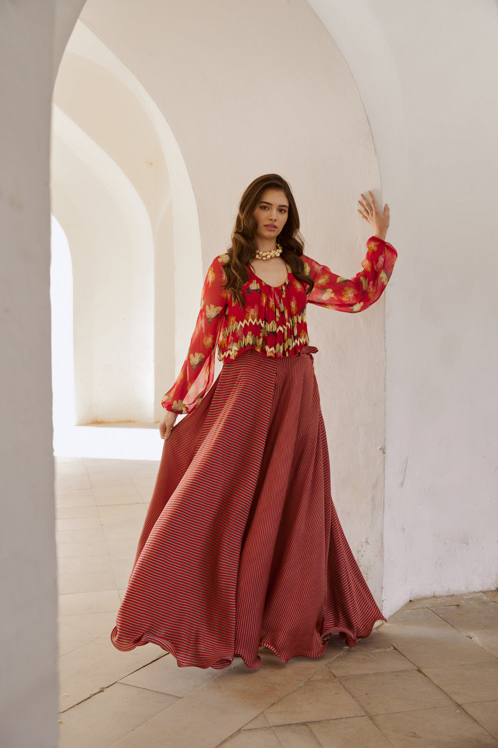 Poppy Boho Top With Stripe Skirt & Belt Set