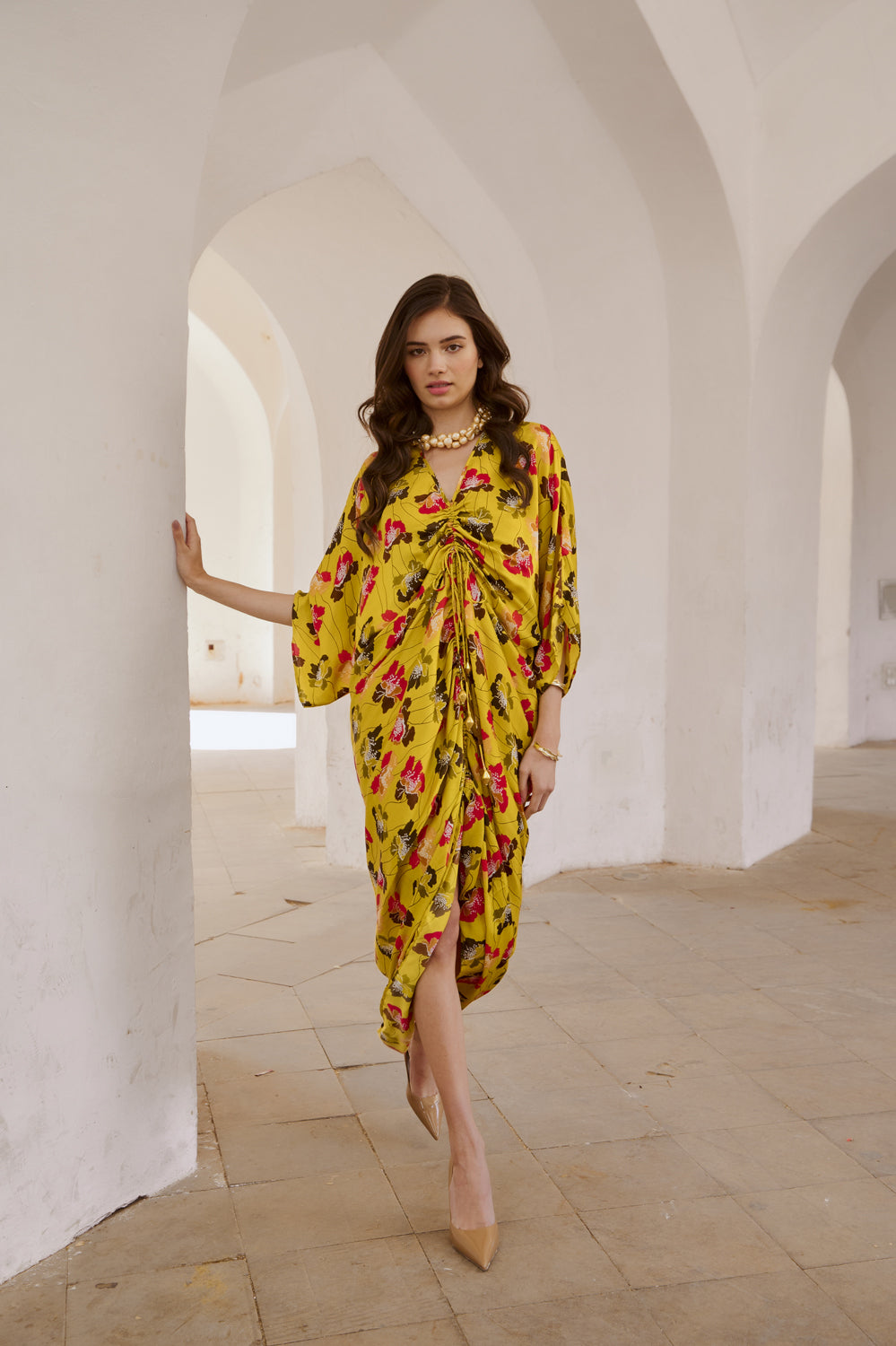 Drawstring Poppy Kaftan Dress