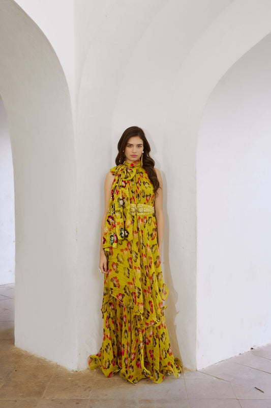 Printed Halter Maxi With Seperate Bow & Belt Set.