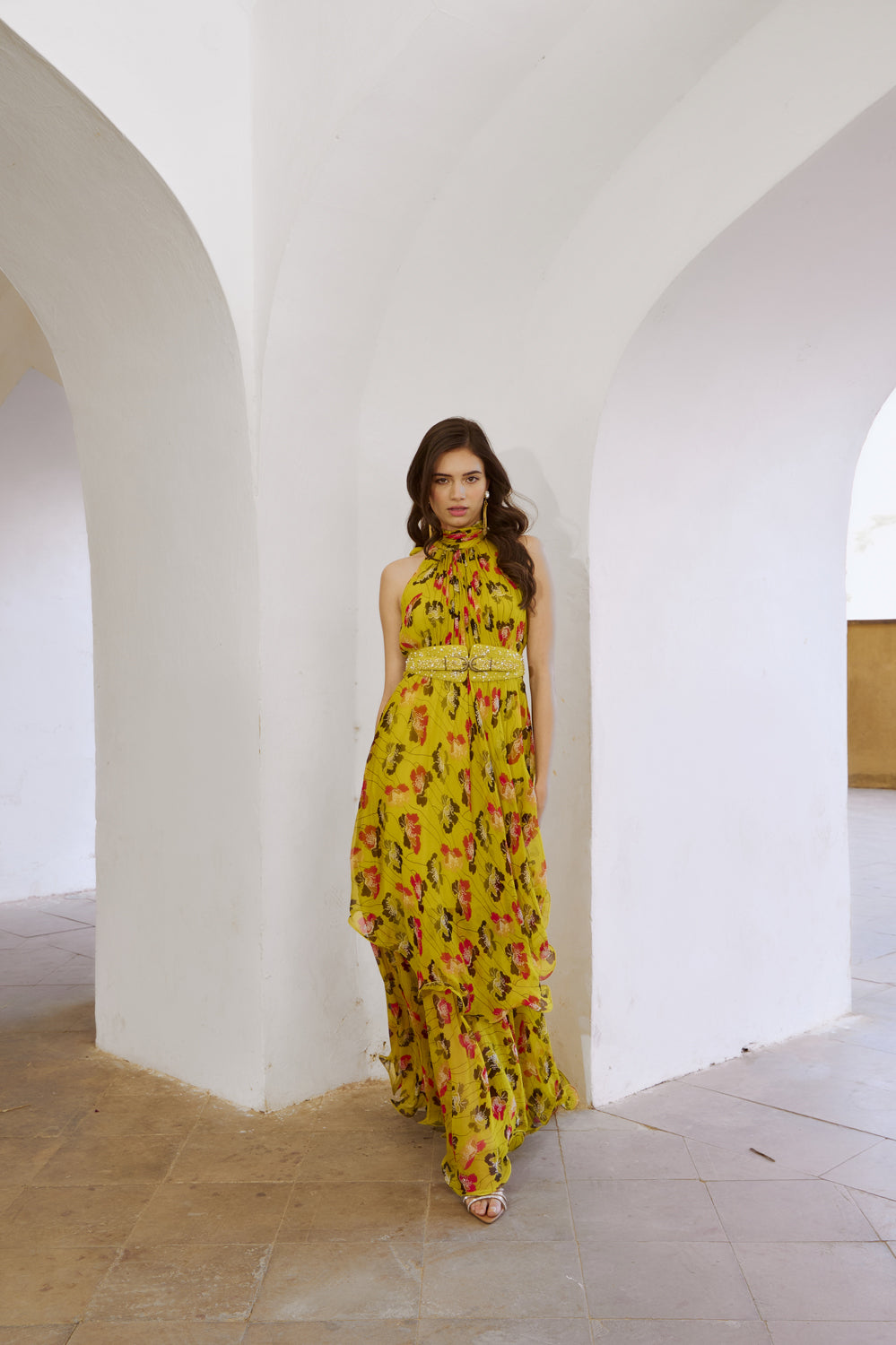 Printed Halter Maxi With Embroiderd Belt Set.