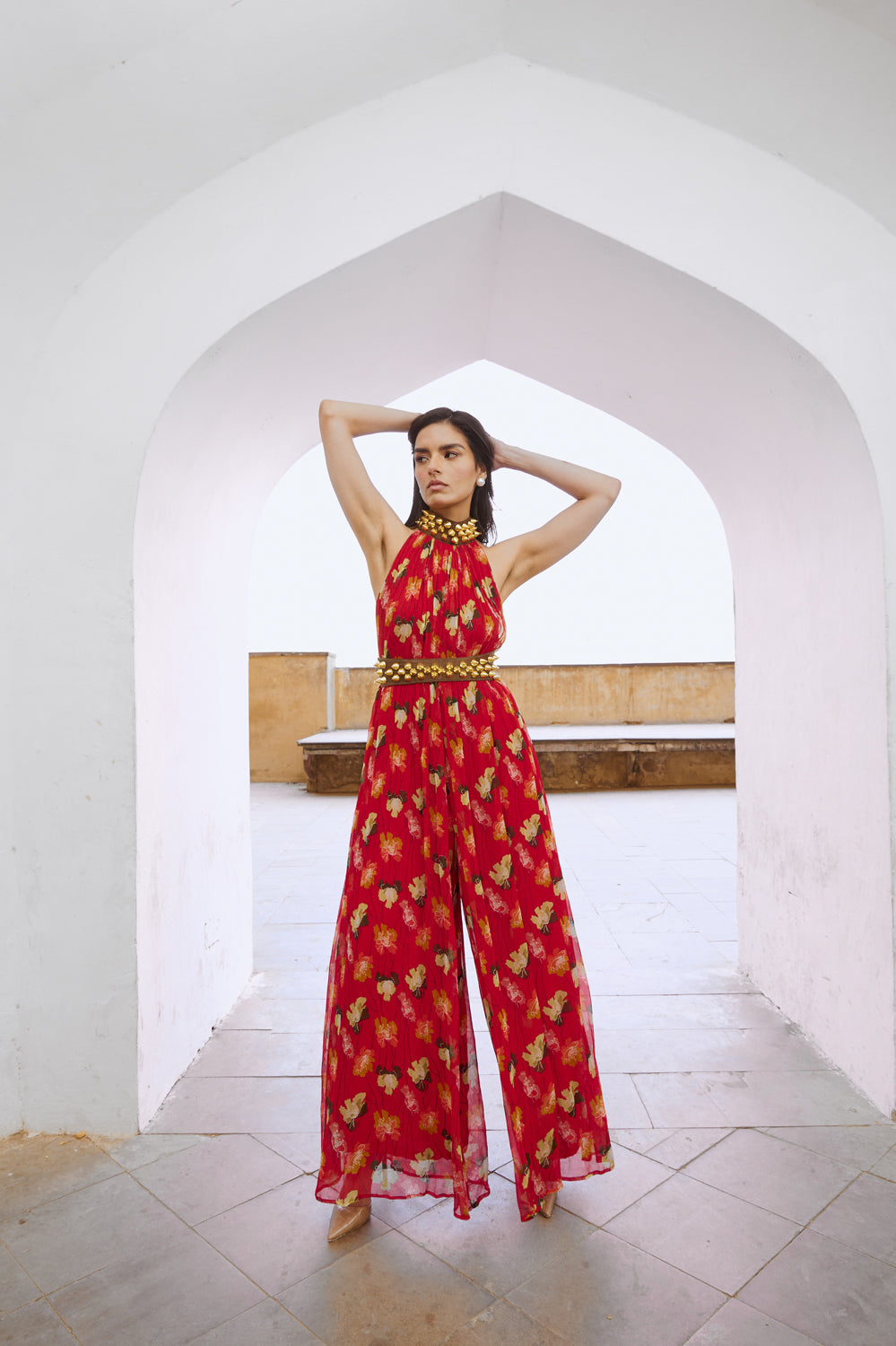 Printed Jumpsuit With Embroidered Belt