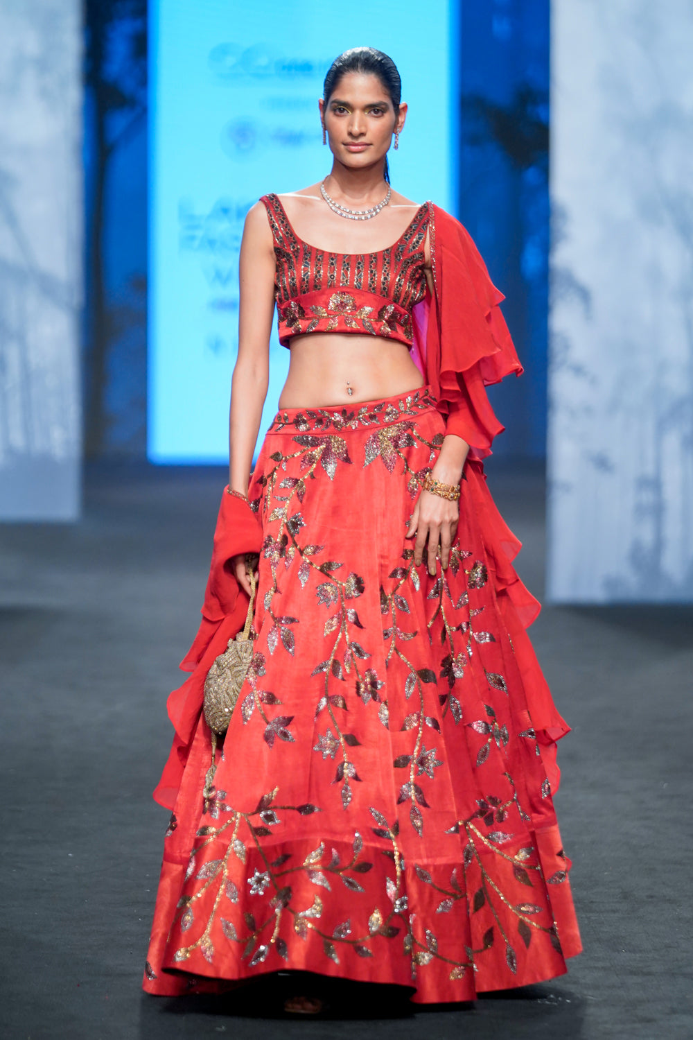 Marrot Lehenga With Ruffle Dupatta