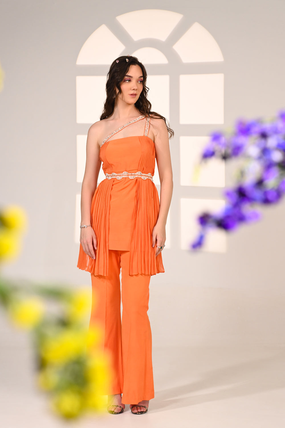 Orange Embroidered One Shoulder Co-ord Set