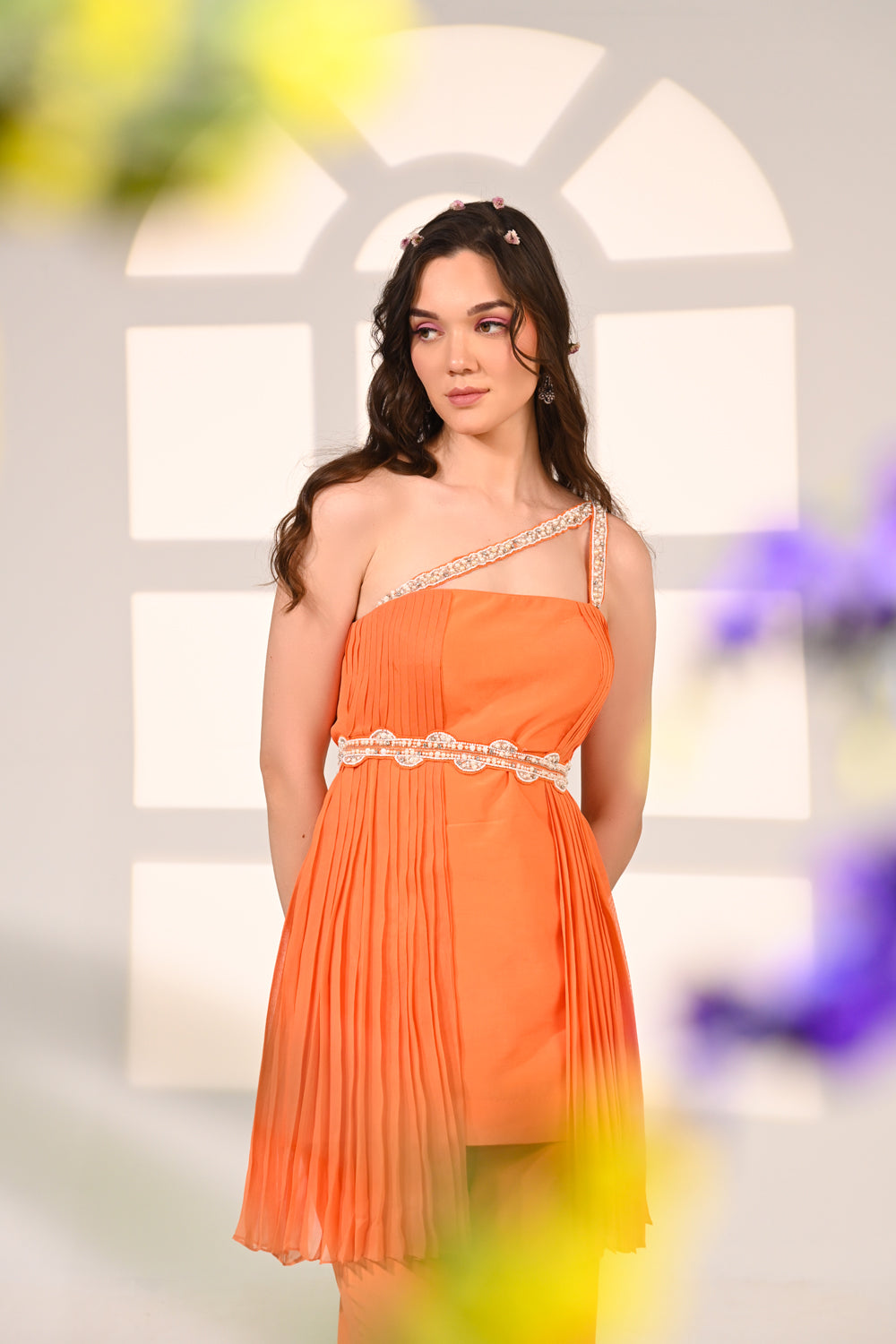 Orange Embroidered One Shoulder Co-ord Set