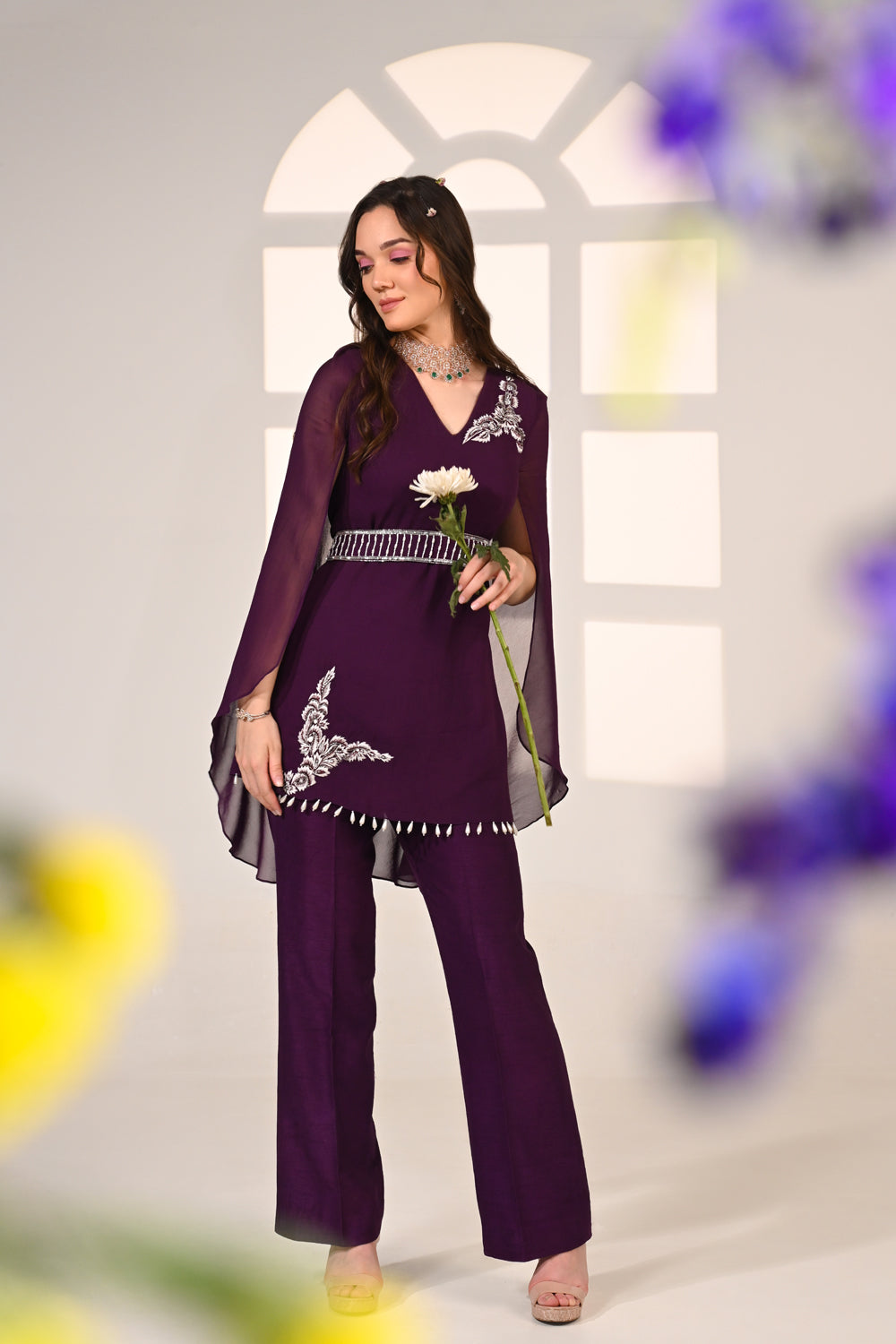 Purple Embroidered Cape Top Co-ord Set