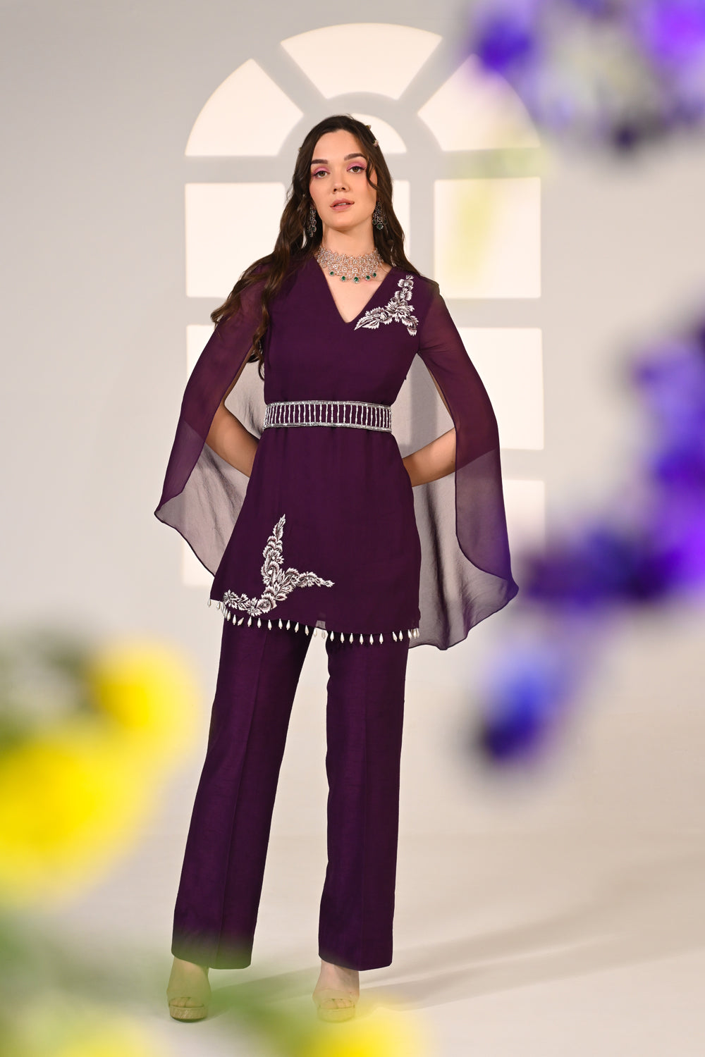 Purple Embroidered Cape Top Co-ord Set