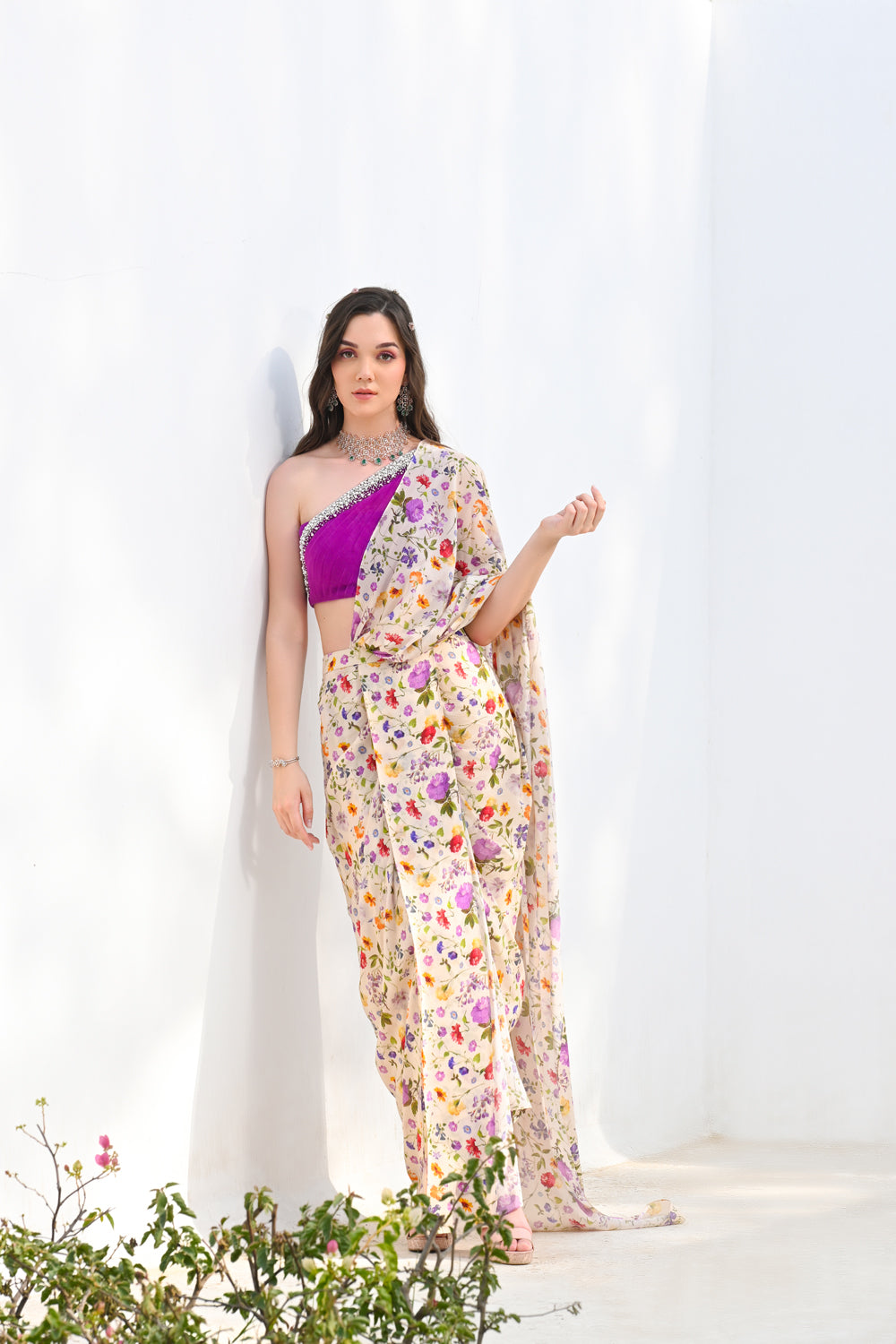 Floral Printed One Shoulder Blouse & Drape Saree Set