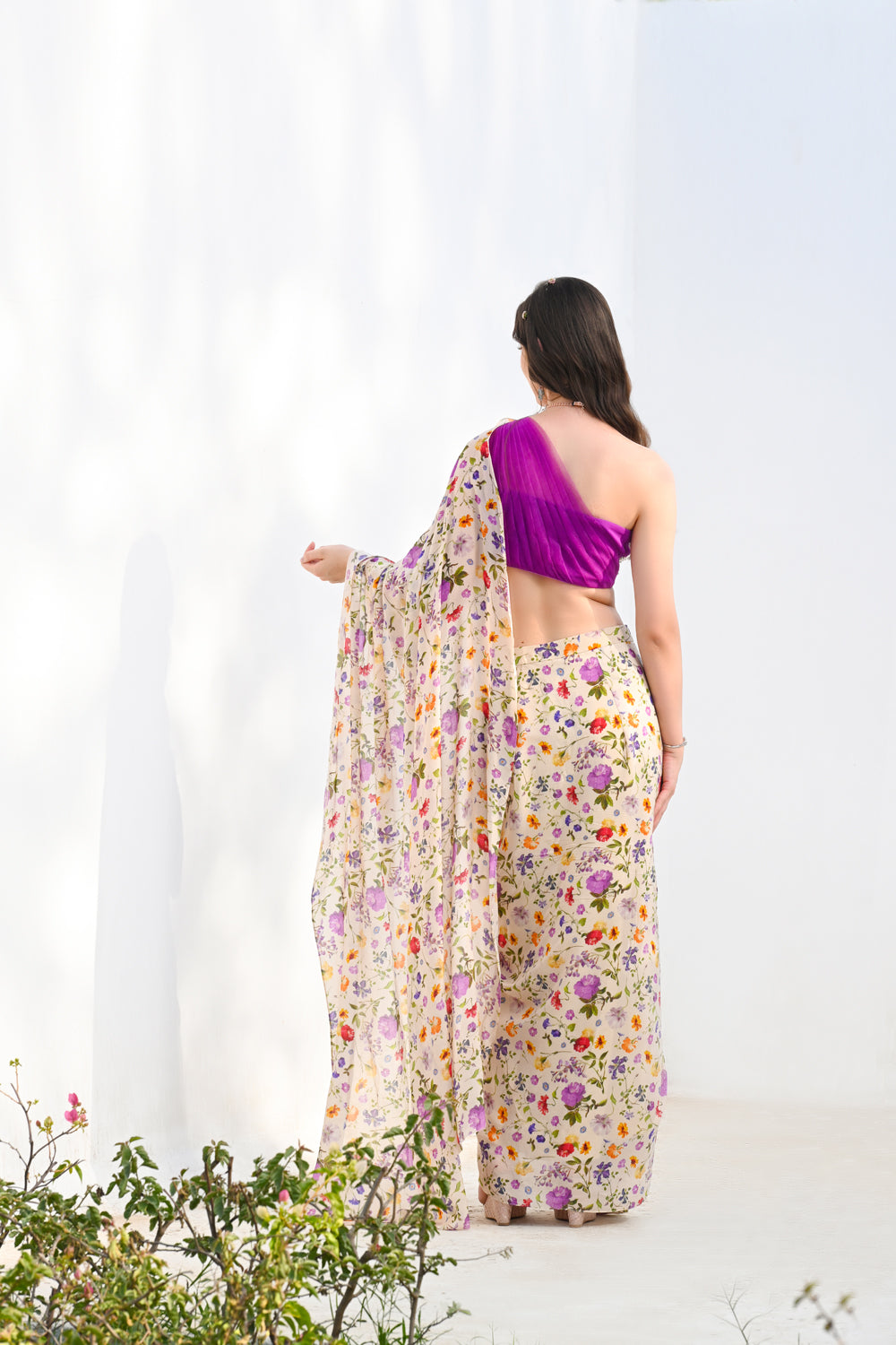 Floral Printed One Shoulder Blouse & Drape Saree Set