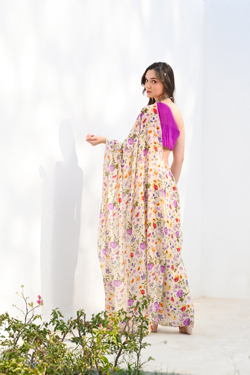 Floral Printed One Shoulder Blouse & Drape Saree Set