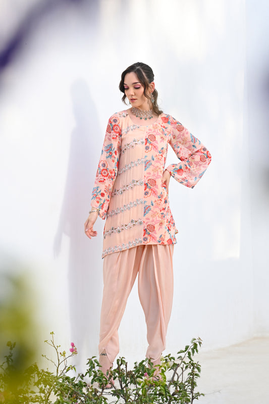 Floral Printed Assymetric Kurta & Dhoti Set