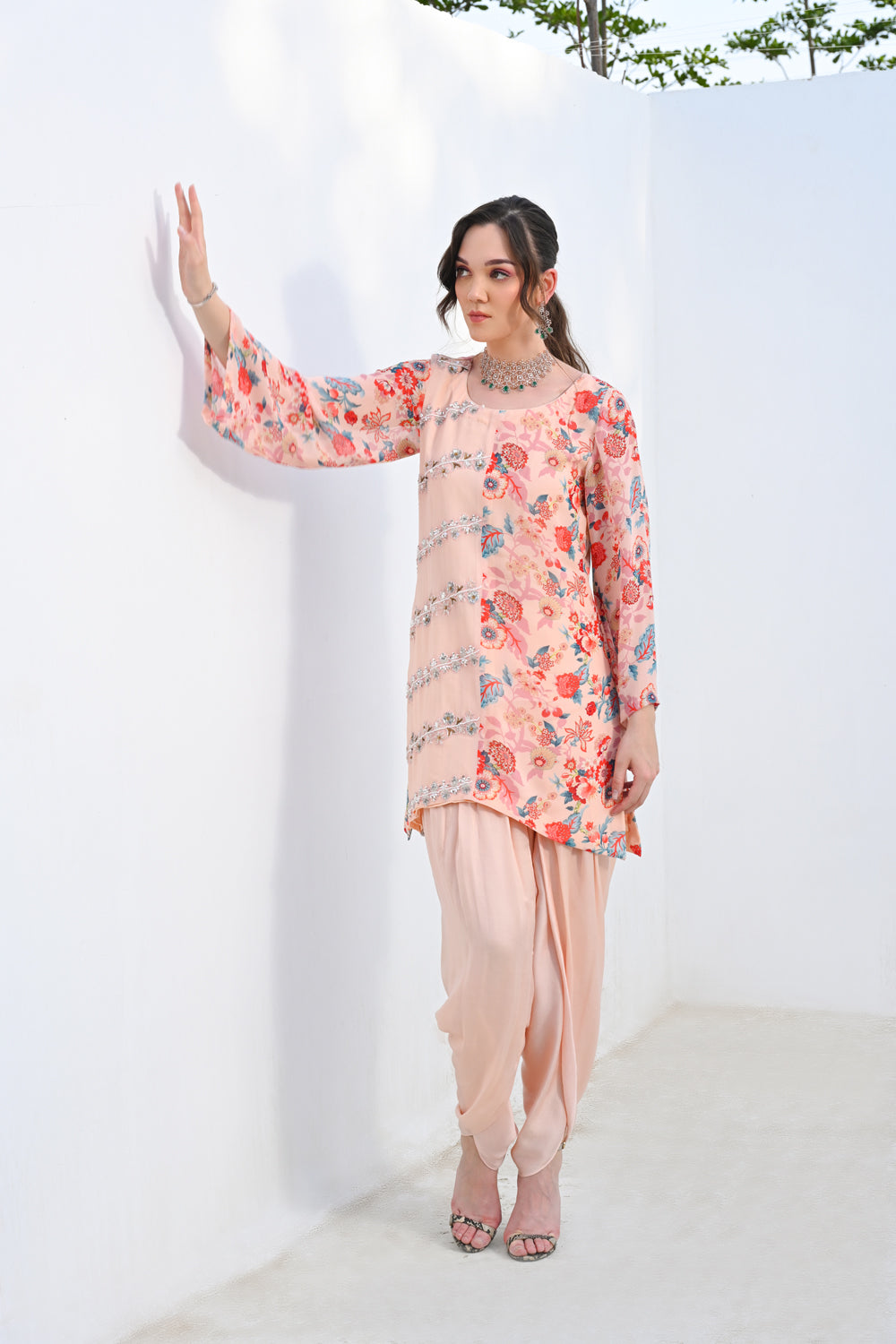 Floral Printed Assymetric Kurta & Dhoti Set