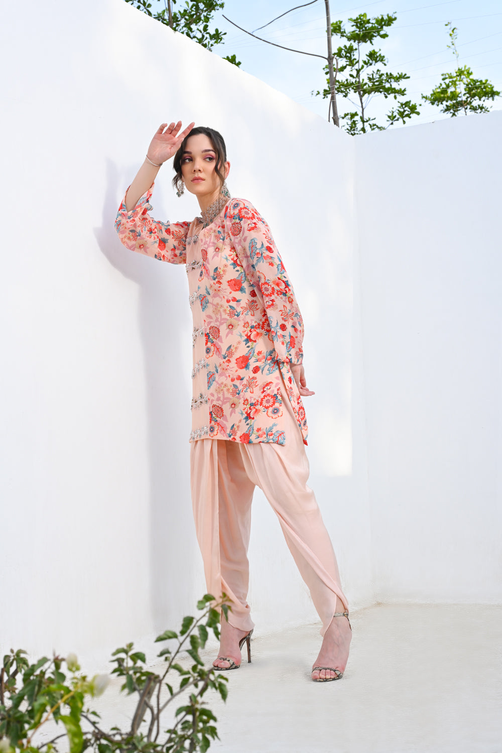 Floral Printed Assymetric Kurta & Dhoti Set