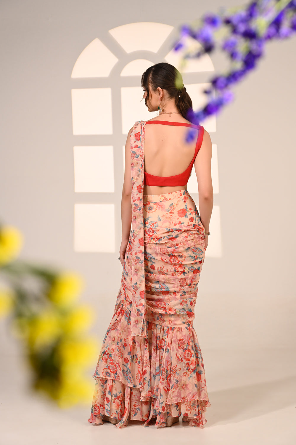 Floral Printed Ruffle Drape Saree Set