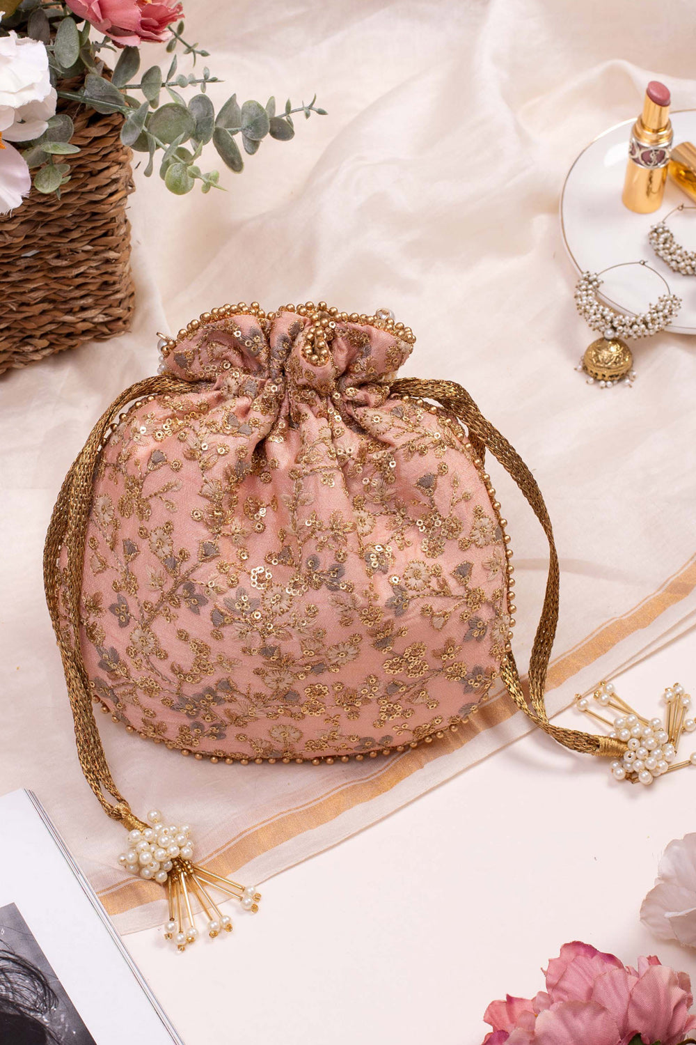 Peach Floral Embroidered Potli Bag