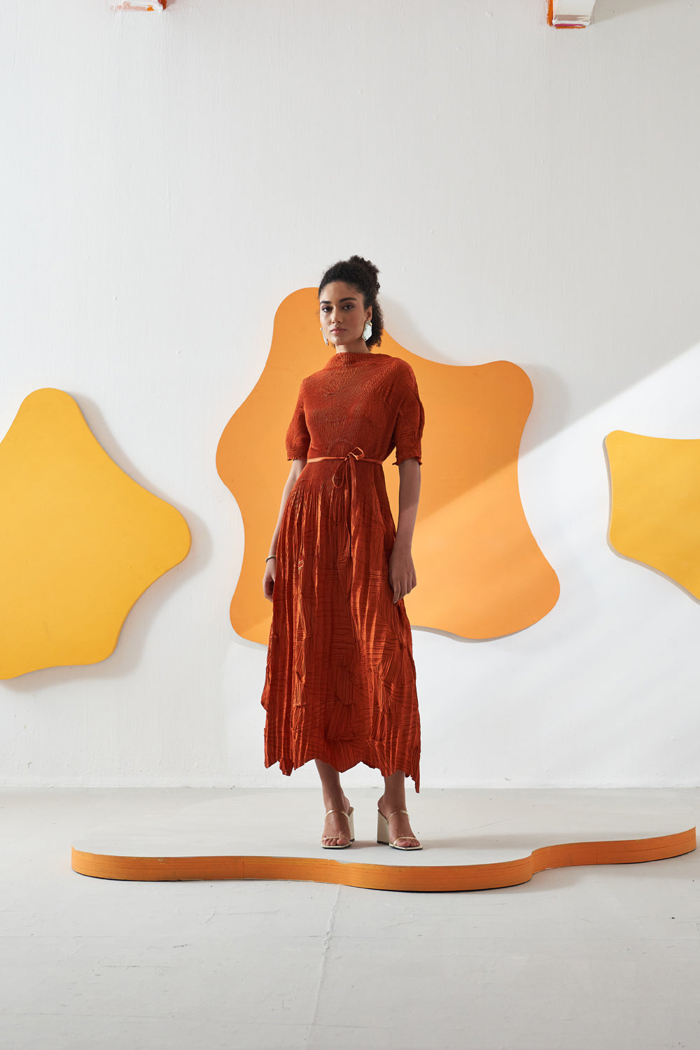 Orange Leaf Textured Plain Maxi Dress