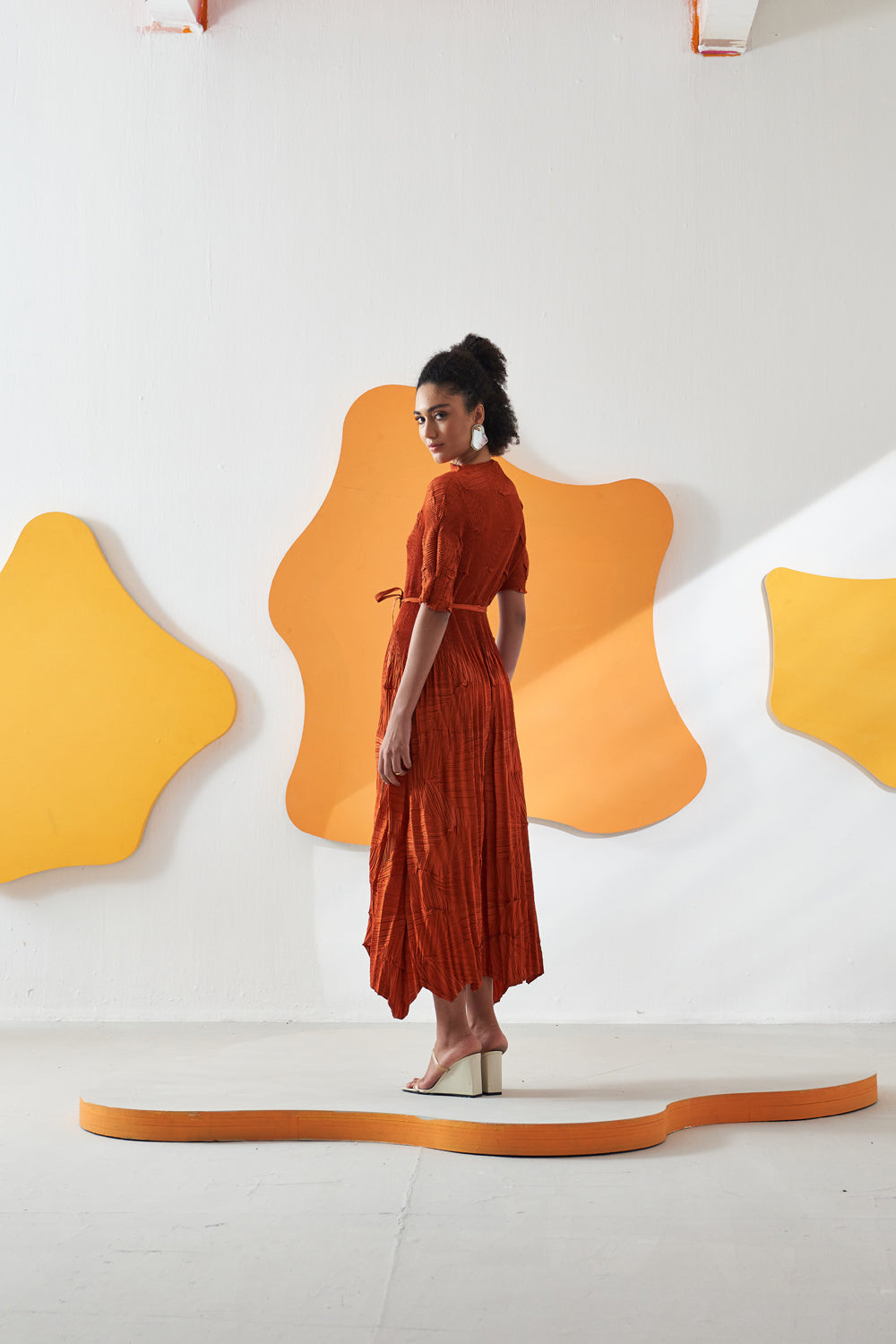 Orange Leaf Textured Plain Maxi Dress