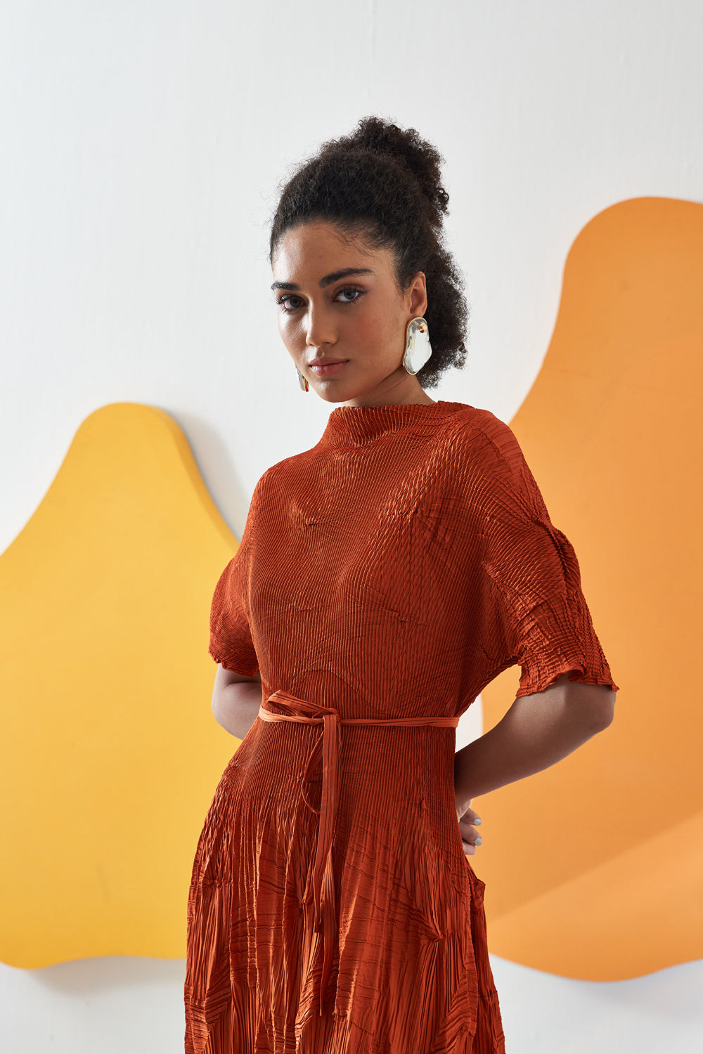 Orange Leaf Textured Plain Maxi Dress